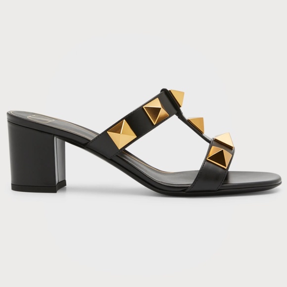 Valentino Rockstud Roman Stud Black City 60mm Slide Mule Sandal Block Heel 37.5 - Picture 1 of 16